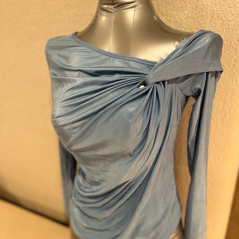 SHEIN One-Shoulder Draped Long Sleeve Top - Dusty Blue